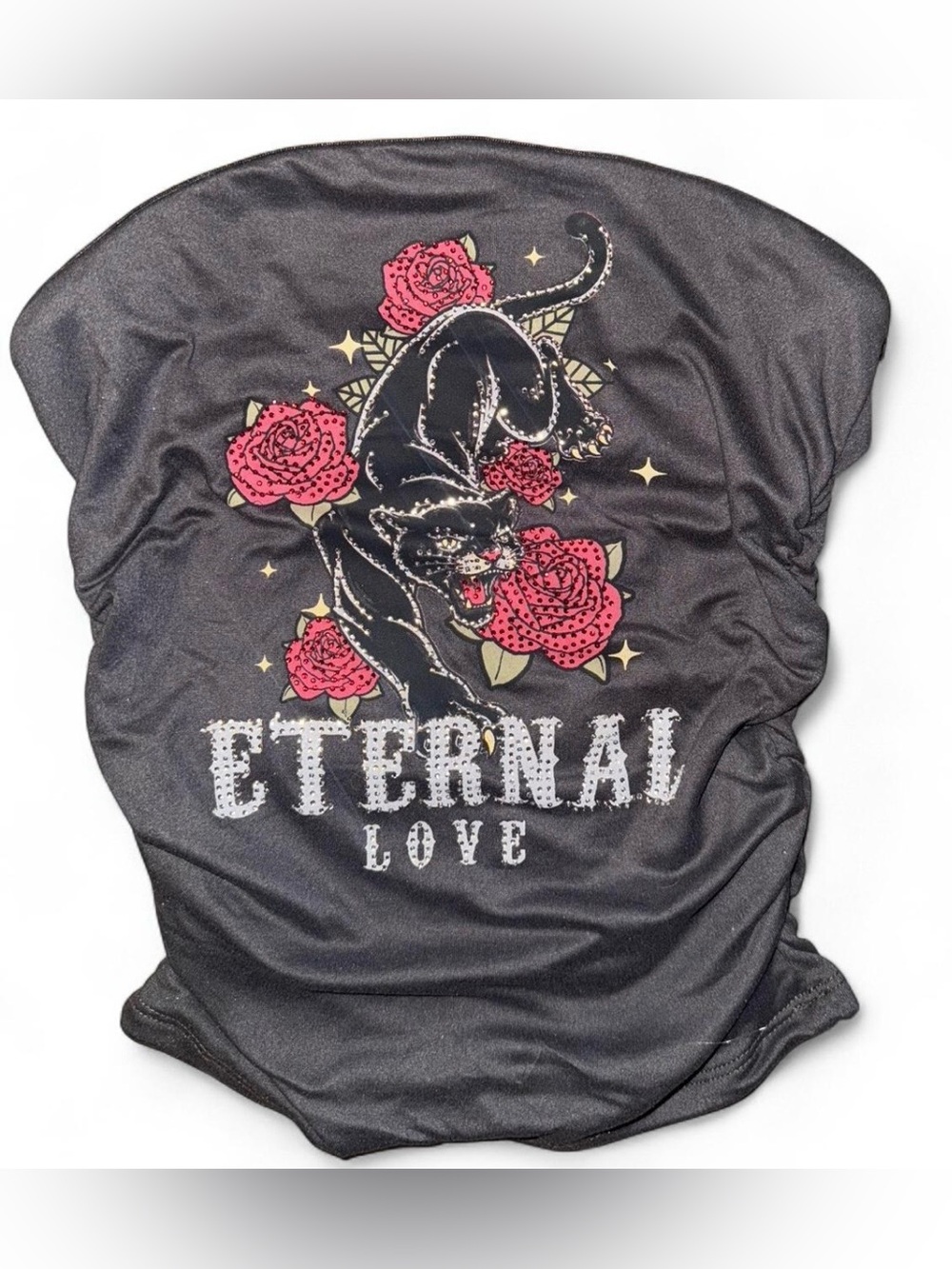 Forever 21 Black Tube Top with Pink Rose & Panther Graphic
